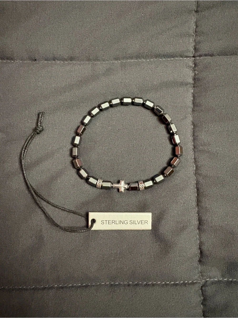 Steeltime Men’s Sterling Silver Cross & Hematite Beaded Stretch Bracelet - NIP